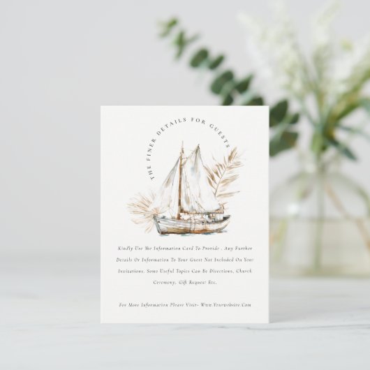 Boho Chic Palm Sailboat Seascape Hochzeit Details Begleitkarte (Stehend Vorderseite)