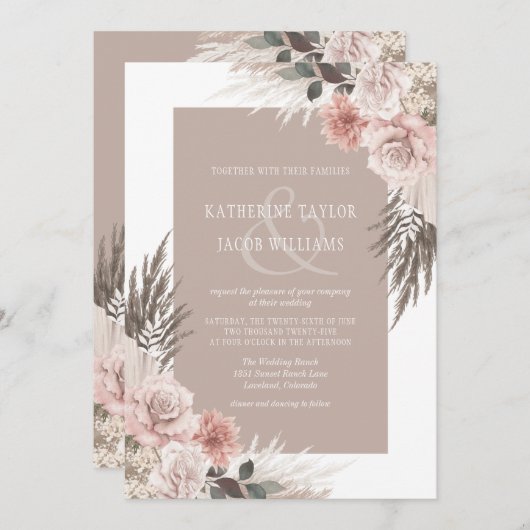 Boho Chic Pampas Grass Beige Blumenhochzeit Einladung (Vorne/Hinten)