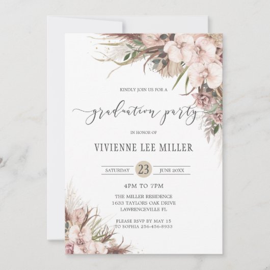 Boho Chic Pampas Grass Orchid Abschluss Einladung (Vorderseite)