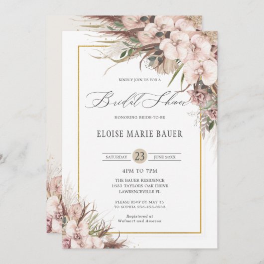 Boho Chic Pampas Grass Orchid Brautparty Einladung (Vorne/Hinten)