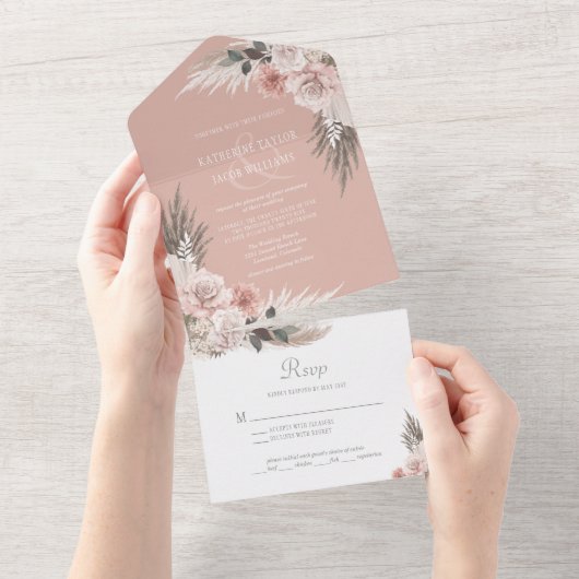 Boho Chic Pampas Grass Pink Sage Blumenhochzeit All In One Einladung (Abreißen)