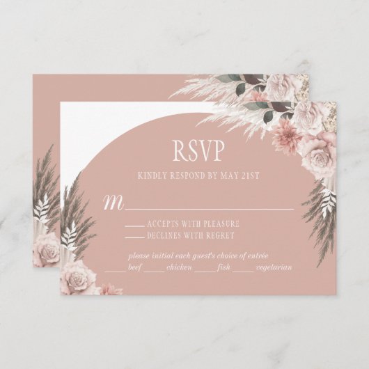 Boho Chic Pampas Grass Pink Sage Blumenhochzeit RSVP Karte (Vorne/Hinten)