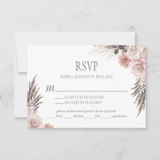 Boho Chic Pampas Grass Pink Sage Blumenhochzeit RSVP Karte (Vorderseite)