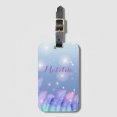 Boho Chic Pastel Lila Pink Feathers Glitzern Gepäckanhänger (Vorderseite Vertikal)