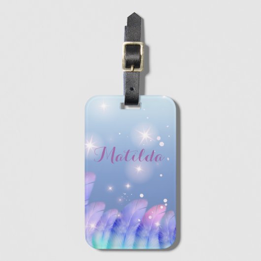 Boho Chic Pastel Lila Pink Feathers Glitzern Gepäckanhänger (Vorderseite Vertikal)