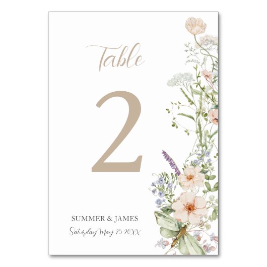 Boho Chic Pastel Wildblume Blumengarten Hochzeit Tischnummer (Vorderseite)