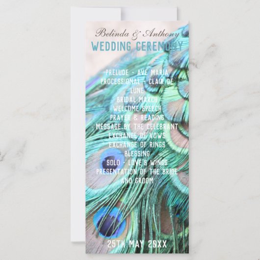 Boho Chic Peacock Back Feathers Wedding Program (Vorderseite)