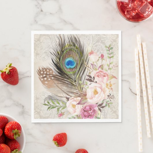 Boho Chic Peacock Feather und Rose Paper Napkin Serviette (Beispiel)