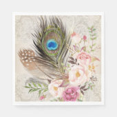 Boho Chic Peacock Feather und Rose Paper Napkin Serviette (Vorderseite)