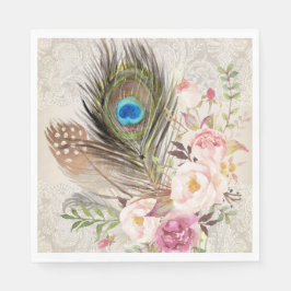 Boho Chic Peacock Feather und Rose Paper Napkin Serviette