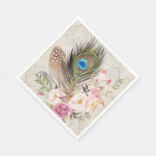 Boho Chic Peacock Feather und Rose Paper Napkin Serviette (Ecke)