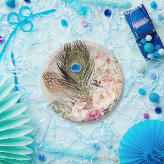 Boho Chic-Pfau-Feder und Rosen-Papierplatte Pappteller (Party)