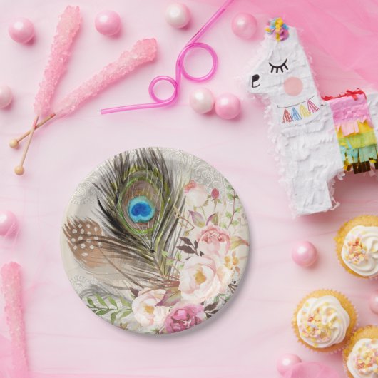 Boho Chic-Pfau-Feder und Rosen-Papierplatte Pappteller (Party)