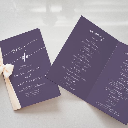 Boho Chic Pflaume Lila wir falten Hochzeit Programm