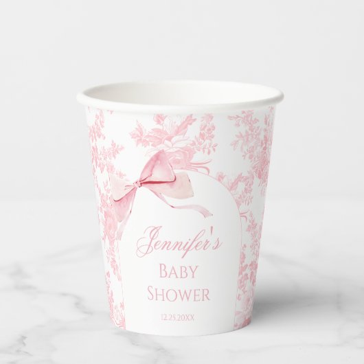 Boho Chic Pink Bow Floral Baby Girl Dusche Pappbecher (Vorderseite)