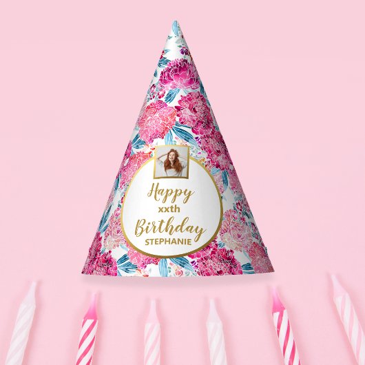 Boho Chic Pink Floral Custom Foto Happy Birthday Partyhütchen