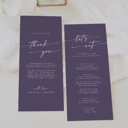 Boho Chic Plum Lila Danke und Hochzeit Menükarte
