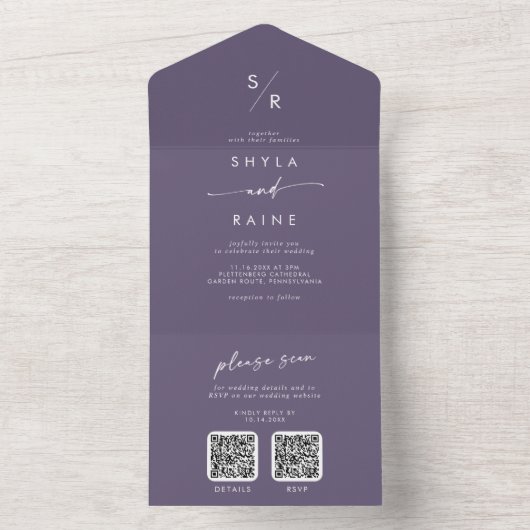 Boho Chic Plum Lila Dual QR Code Wedding All In One Einladung (Innen Boden)