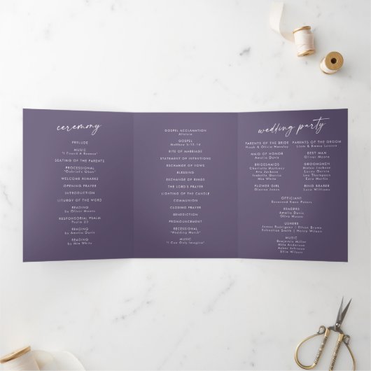 Boho Chic Plum Lila Monogram Wedding Dreifach-gefaltete Programmkarte (Innenseite)