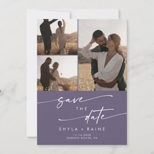 Boho Chic Plum Lila QR-Code für Multi-Foto Save The Date (Vorderseite)
