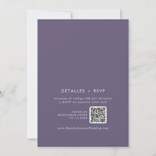 Boho Chic Plum Lila QR Code Spanische Hochzeit Einladung (Rückseite)