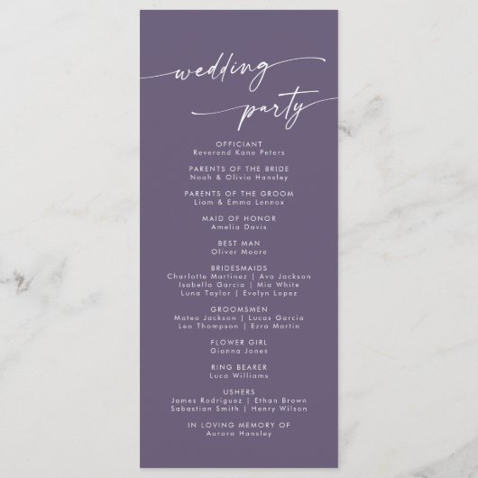 Boho Chic Plum Lila Tee Length Wedding Programm (Rückseite)