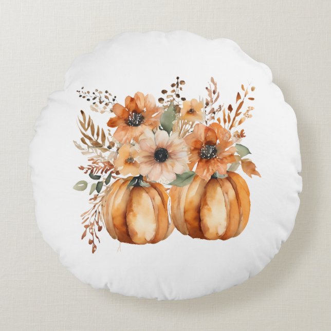 Boho Chic Pumpkin and Floral Patterns Erntedank Rundes Kissen (Vorderseite)