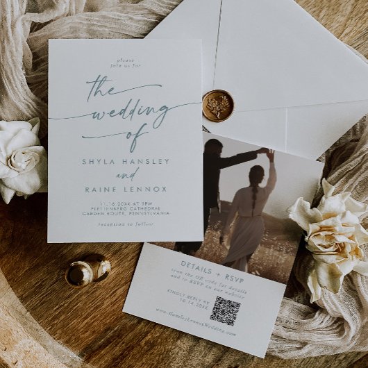 Boho Chic QR-Code für Aquamarines und weißes Foto  Einladung