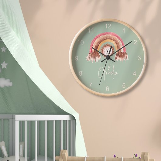 Boho Chic Rainbow Lion Baby Name Sage Green Uhr