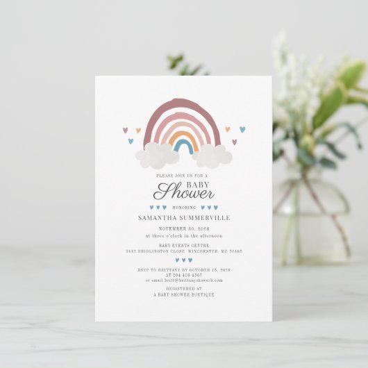 Boho Chic Rainbow Script Baby Dusche Einladung (Stehend Vorderseite)