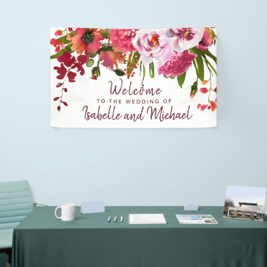 Boho Chic Red Hydrangea, Pink Rose Wedding Willkom Banner (Messeveranstaltung)