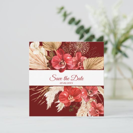 Boho chic Red Orchid Fall Brauch Hochzeit Save The Date (Stehend Vorderseite)