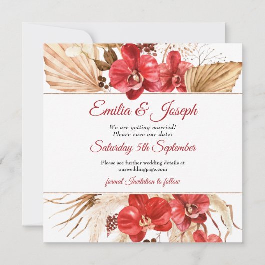 Boho chic Red Orchid Fall Brauch Hochzeit Save The Date (Rückseite)