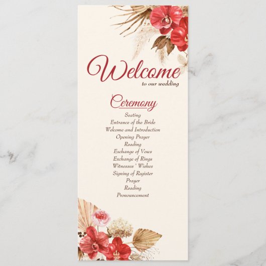 Boho chic Red Orchid Fall Custom Wedding Programm (Vorderseite)