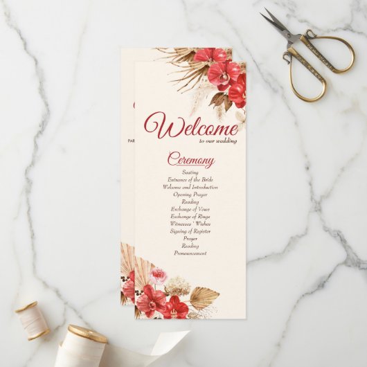 Boho chic Red Orchid Fall Custom Wedding Programm (Vorderseite/Rückseite Beispiel)