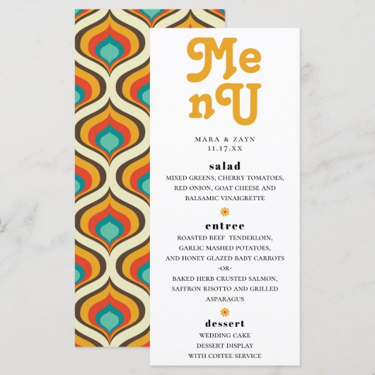Boho Chic Retro 70er Hochzeit Menükarte (Vorne/Hinten)