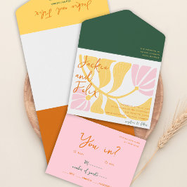 Boho Chic Retro Bright Blumenfarbene Hochzeit All In One Einladung