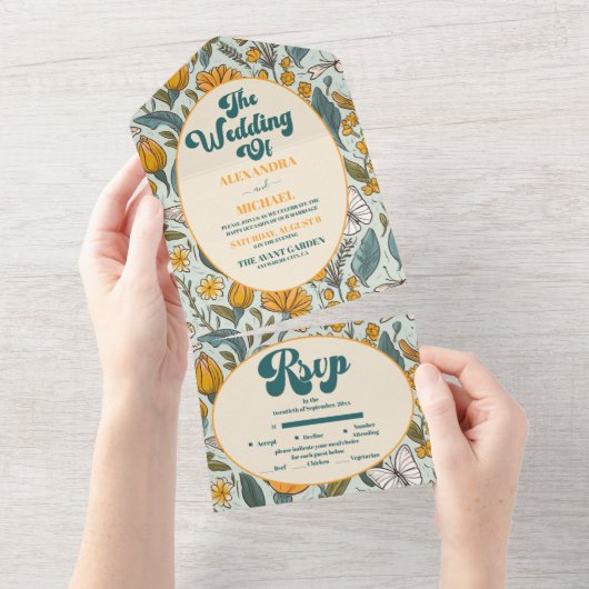 Boho Chic Retro farbenfrohe blumenreiche Hochzeit All In One Einladung (Abreißen)