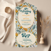 Boho Chic Retro farbenfrohe blumenreiche Hochzeit All In One Einladung