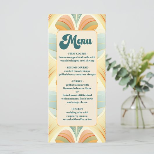 Boho Chic Retro farbenfrohe blumenreiche Hochzeit Menükarte (Stehend Vorderseite)