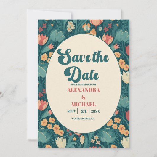 Boho Chic Retro farbenfrohe blumenreiche Hochzeit Save The Date (Vorderseite)