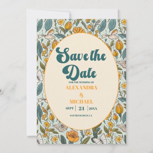 Boho Chic Retro farbenfrohe blumenreiche Hochzeit Save The Date (Vorderseite)