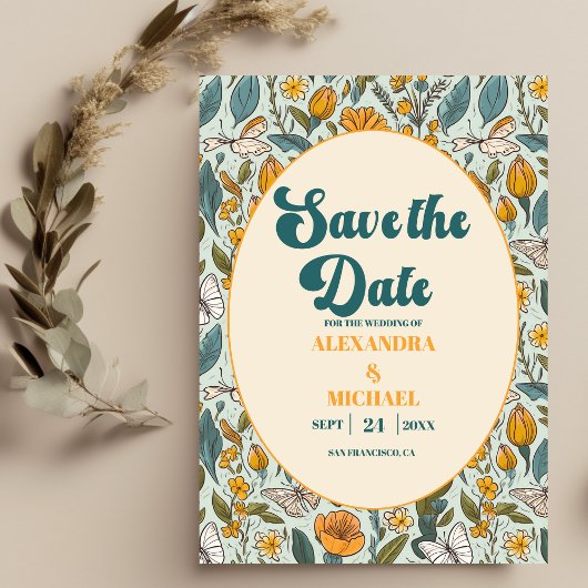 Boho Chic Retro farbenfrohe blumenreiche Hochzeit Save The Date