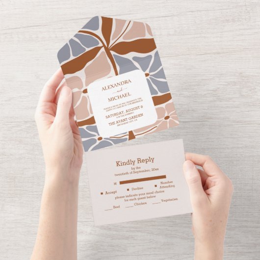 Boho Chic Retro Floral Wedding All In One Einladung (Abreißen)