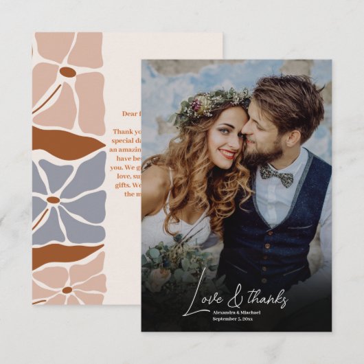 Boho Chic Retro Floral Wedding Foto Dankeskarte (Vorne/Hinten)