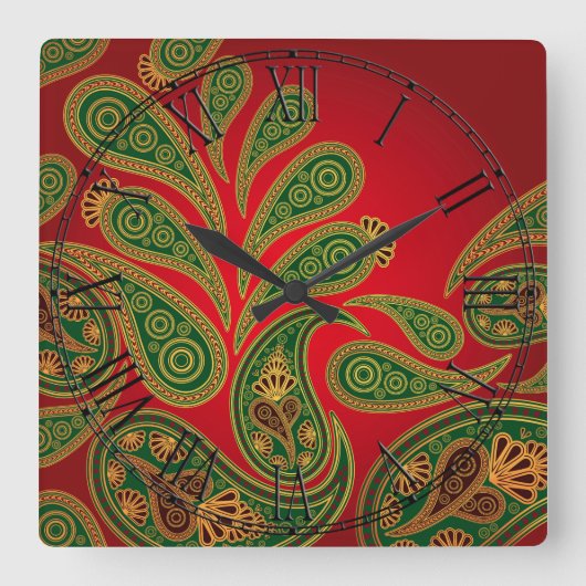 Boho Chic Retro Hippy Paisley Quadratische Wanduhr (Vorderseite)