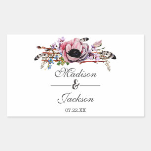 Boho Chic Rosa Florales Hochzeitsmonogramm Rechteckiger Aufkleber