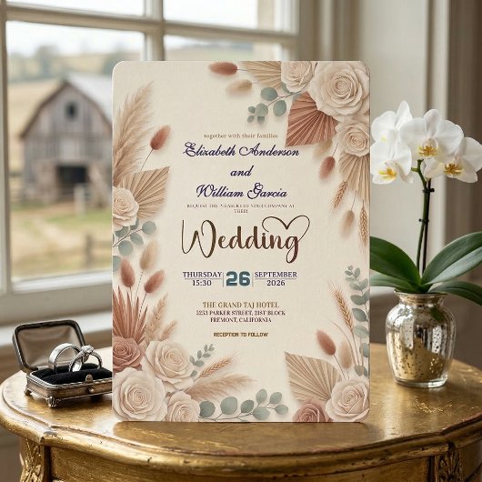 Boho-Chic-Rosen-Pampasgras-Hochzeit Einladung