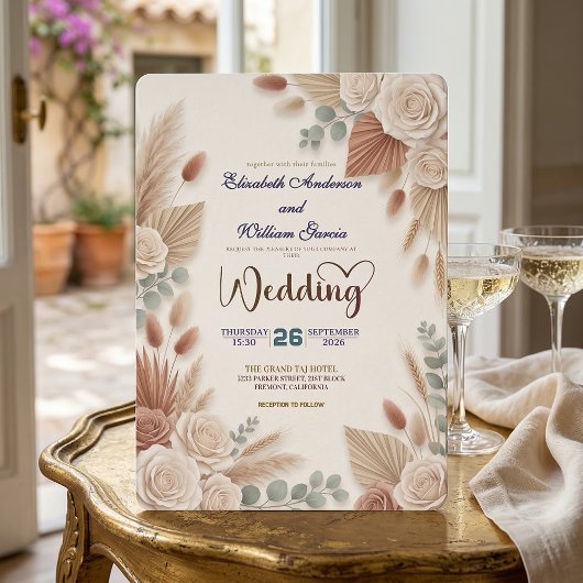 Boho Chic Roses Pampas Grass Wedding Einladung