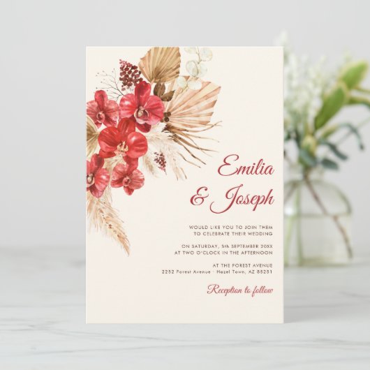 Boho chic roter Orchideenfall Brauch Hochzeit Einl Einladung (Stehend Vorderseite)